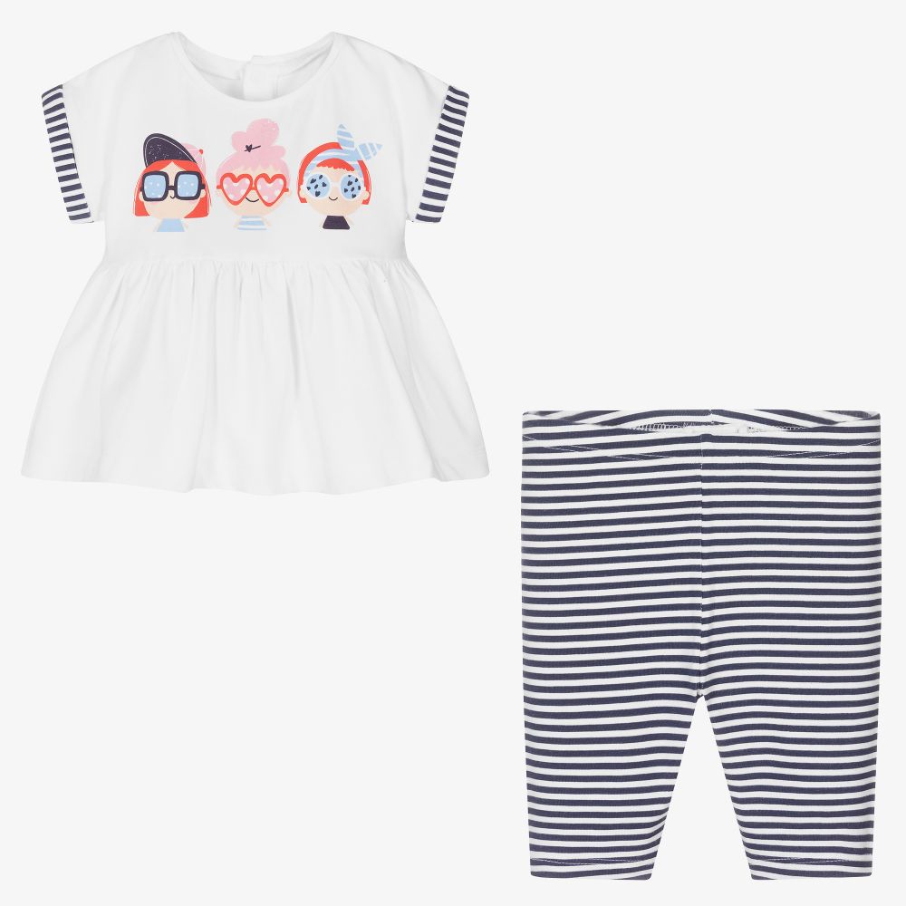 مايورال-طقم ليغنغز أطفال بناتي قطن جيرسي لون كحلي وأبيض | Childrensalon Outlet