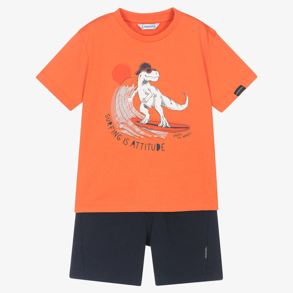 Mayoral - Оранжевая футболка с динозавром и синие шорты из хлопка | Childrensalon