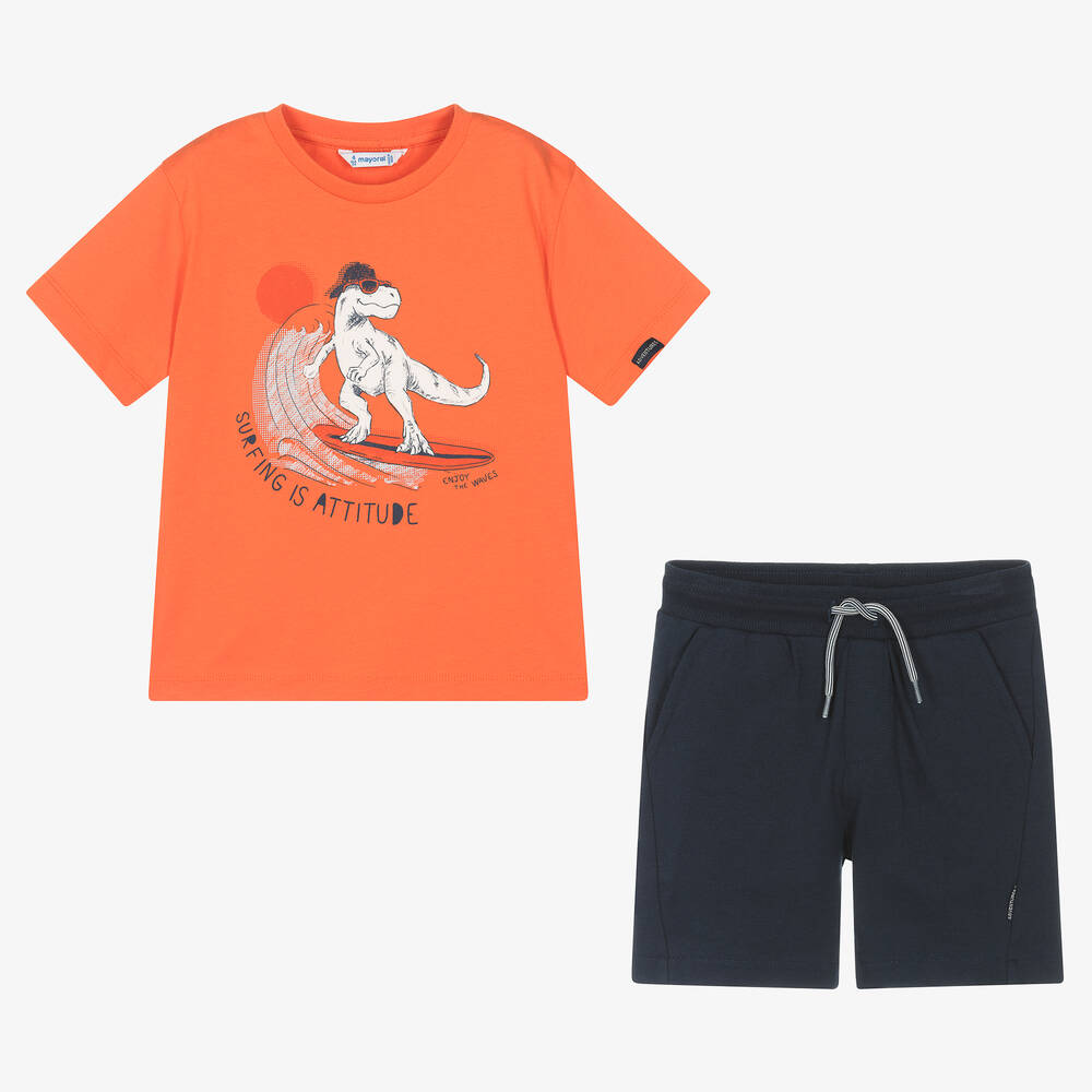 Mayoral-Orange & Blue Cotton Dinosaur Shorts Set | Childrensalon Outlet