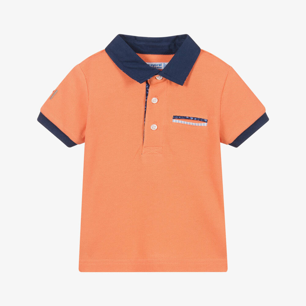 Mayoral-توب بولو أطفال ولادي قطن بيكيه لون برتقالي و كحلي | Childrensalon Outlet