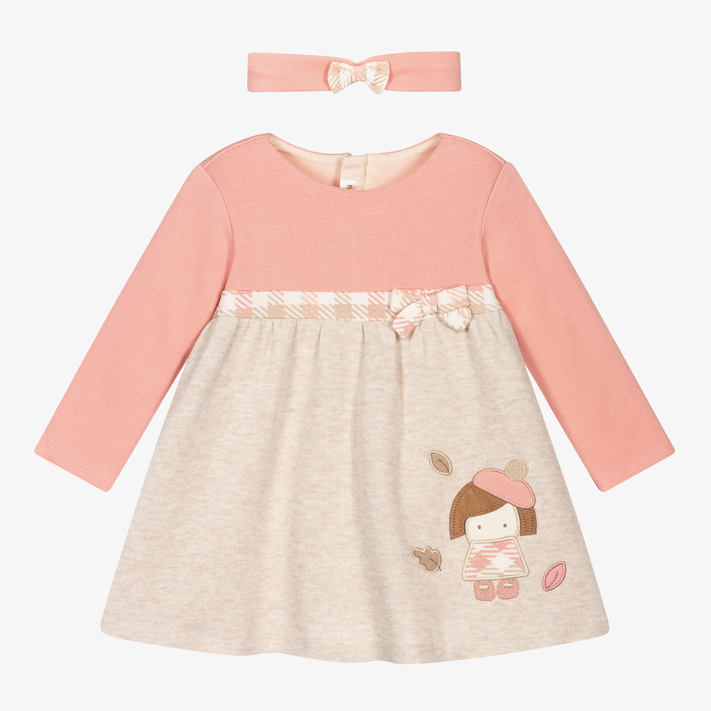 Mayoral Newborn - Комплект с розово-бежевым платьем из хлопка | Childrensalon
