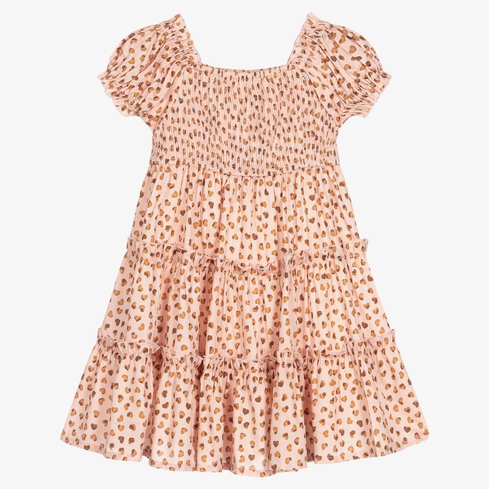 Mayoral-Розово-бежевое платье из хлопка с сердечками | Childrensalon Outlet