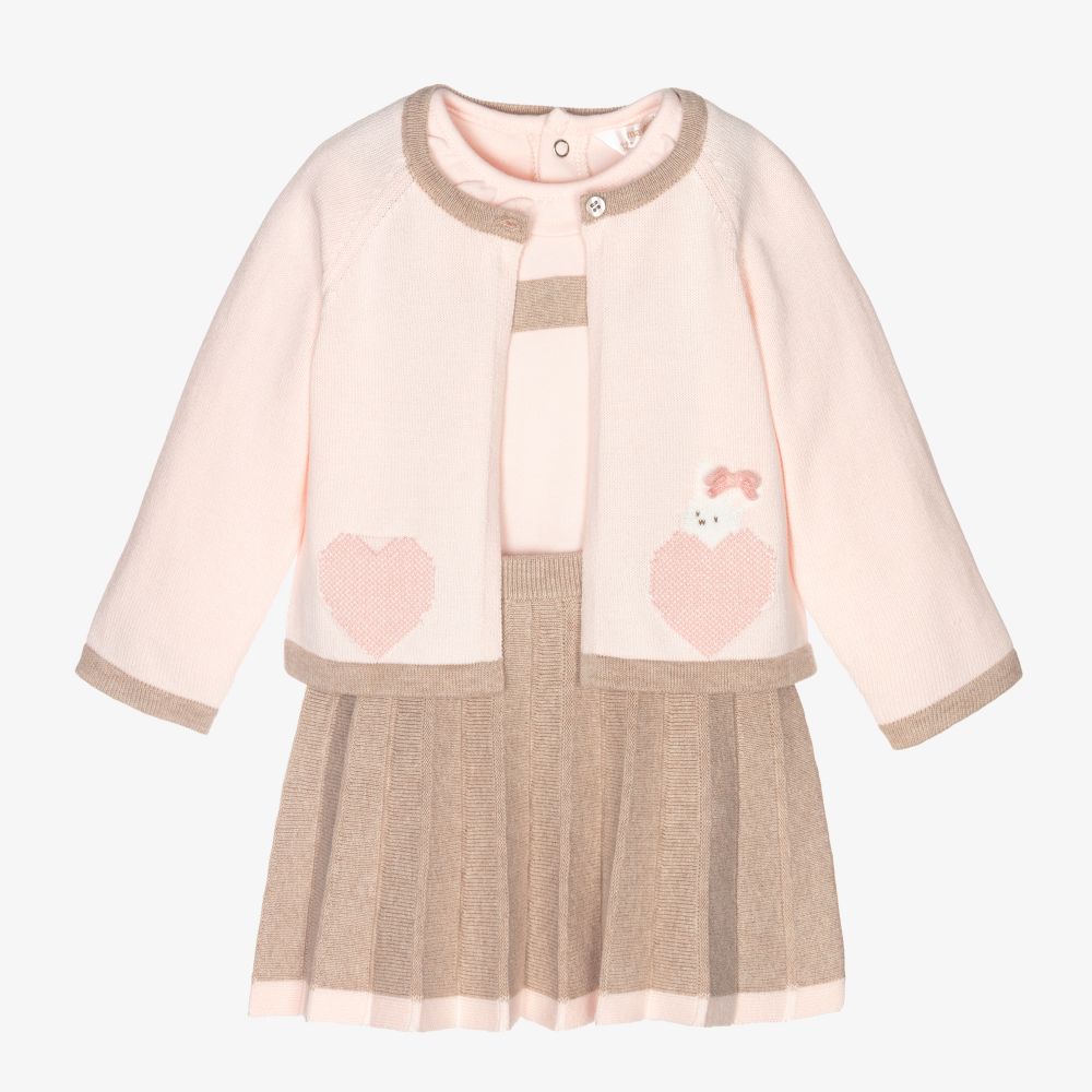 Mayoral Newborn - Pink & Beige Knitted Skirt Set | Childrensalon