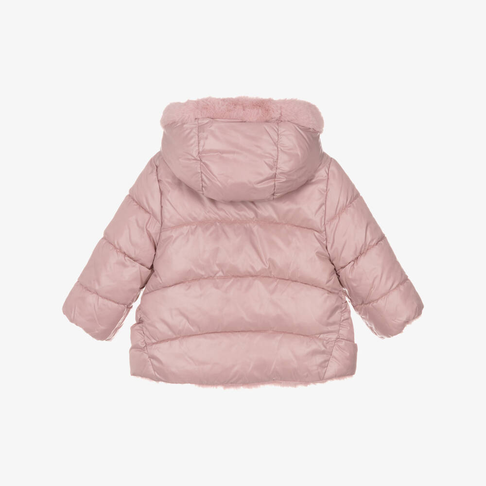 Mayoral-Pink Bow Puffer Faux Fur Coat | Childrensalon Outlet