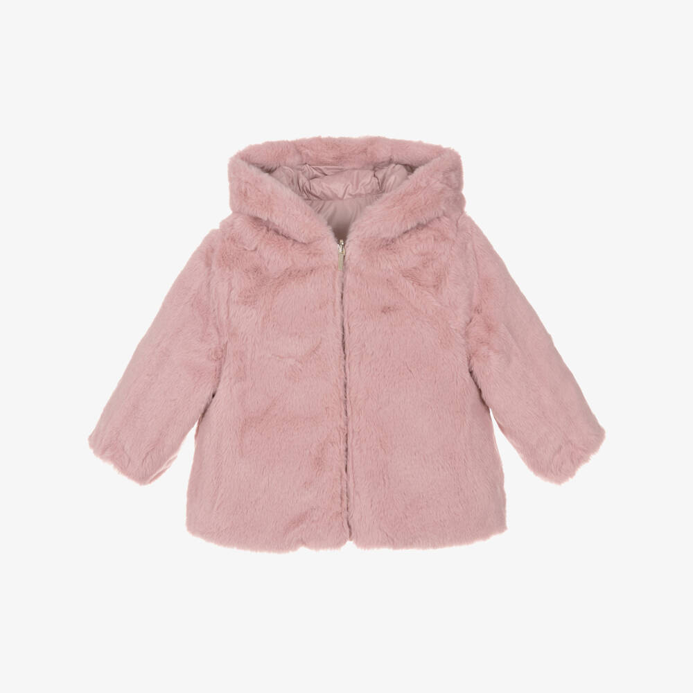 Mayoral-Pink Bow Puffer Faux Fur Coat | Childrensalon Outlet
