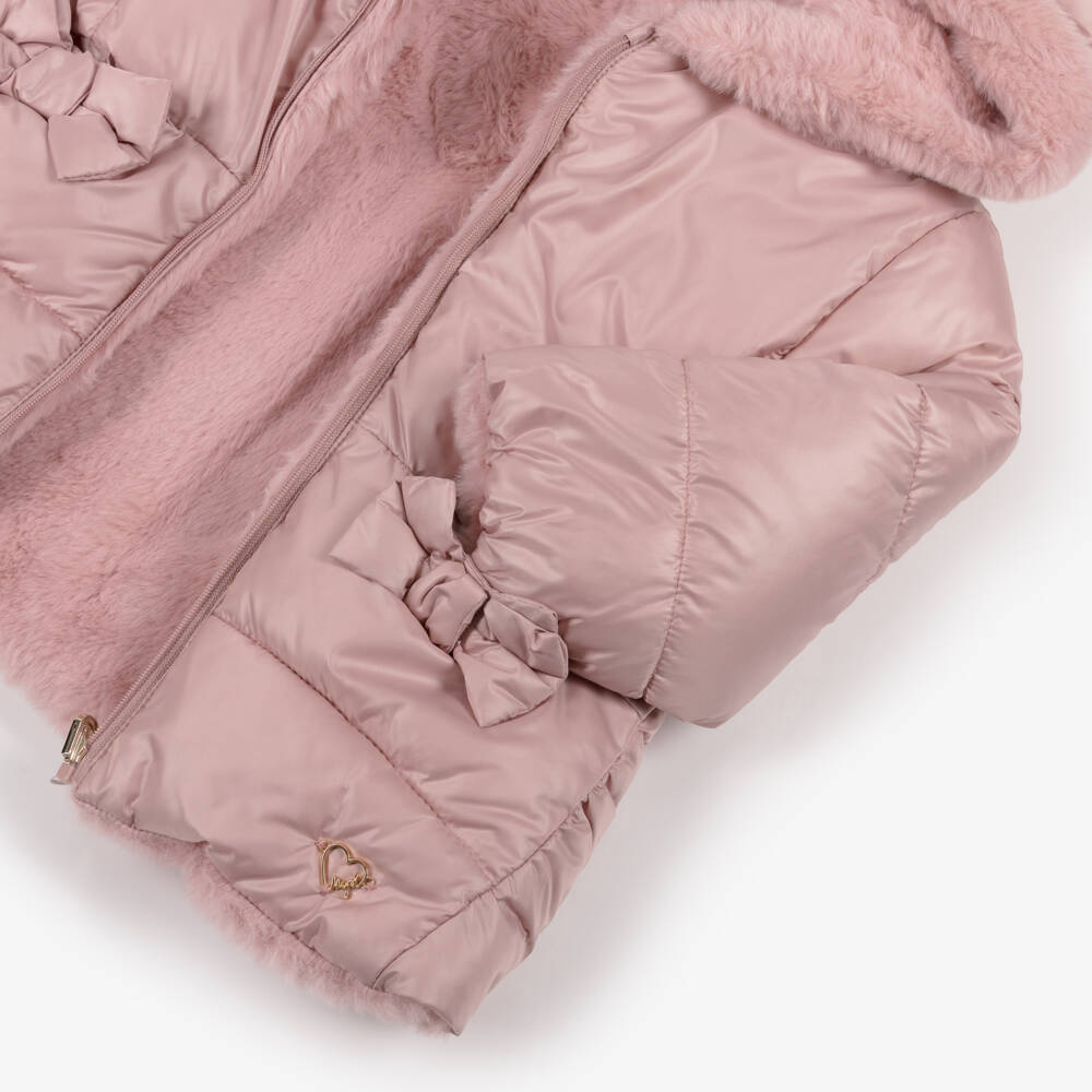Mayoral-Pink Bow Puffer Faux Fur Coat | Childrensalon Outlet