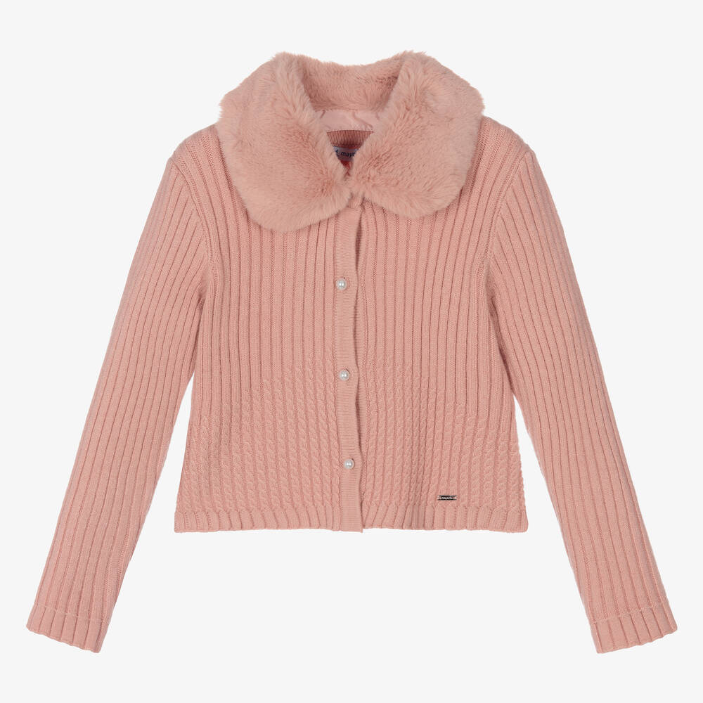 Mayoral - Pink Fur Trimmed Cardigan | Childrensalon