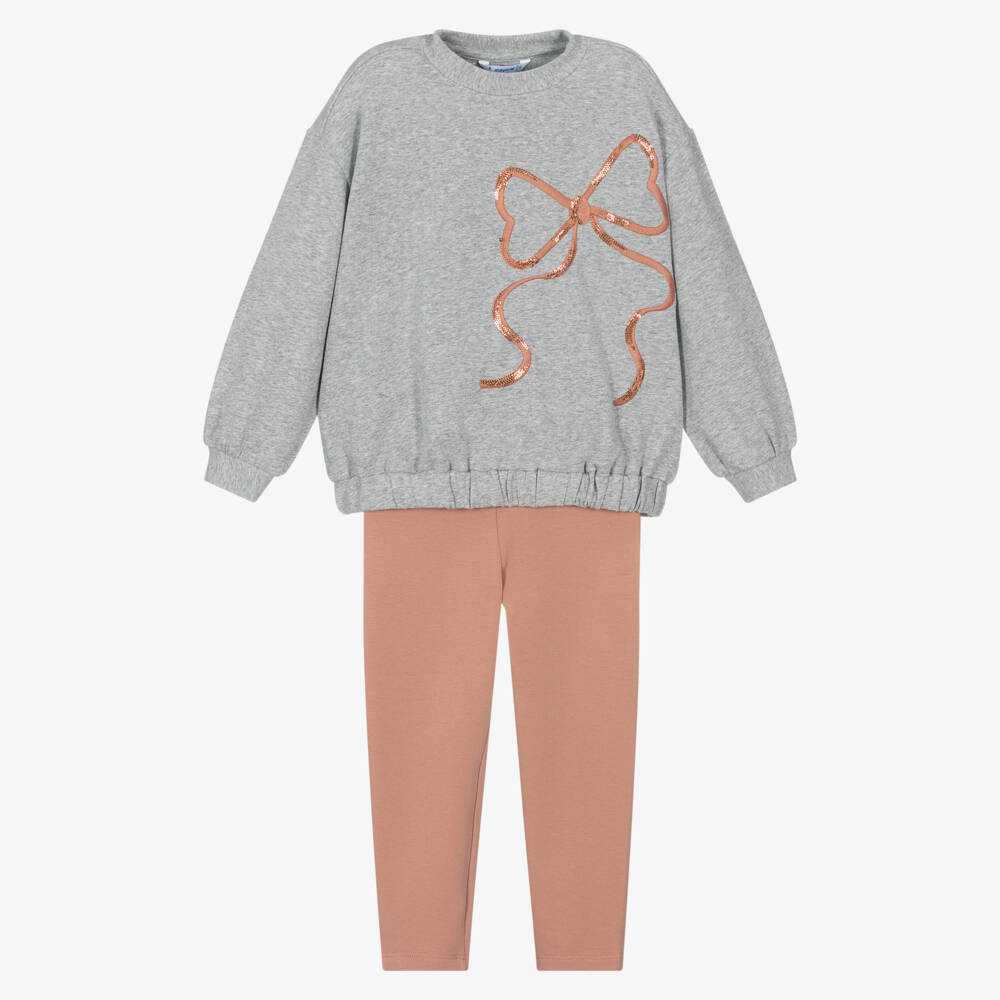 Mayoral-Pink & Grey Bow Legging Set | Childrensalon Outlet