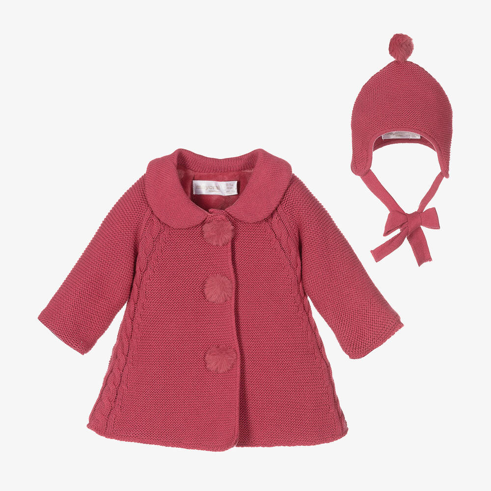 Mayoral Newborn - Ensemble manteau et bonnet roses maille Bébé | Childrensalon