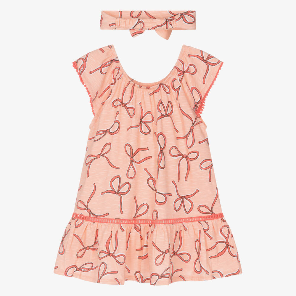 Mayoral-Pink Peach Bows Ss Dress & Headband Set | Childrensalon Outlet