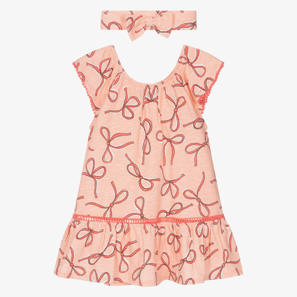 Mayoral-Pink Peach Bows Ss Dress & Headband Set | Childrensalon Outlet