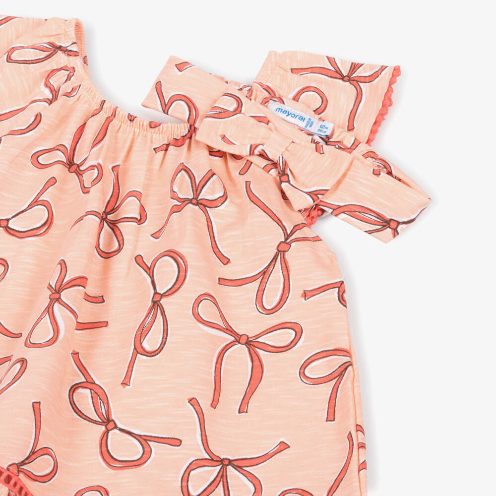 Mayoral-Pink Peach Bows Ss Dress & Headband Set | Childrensalon Outlet