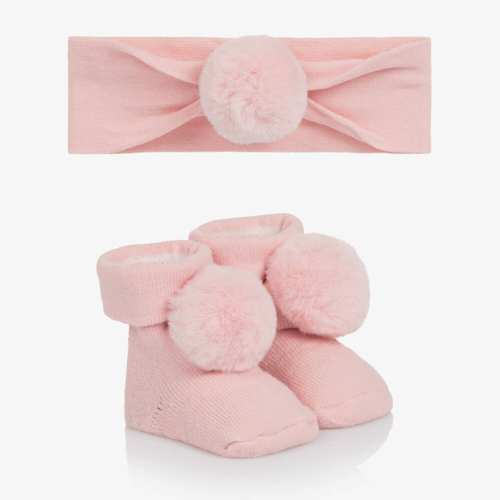 Mayoral Для новорожденных-Pink Pom Pom Headband & Booties Set | Childrensalon Outlet