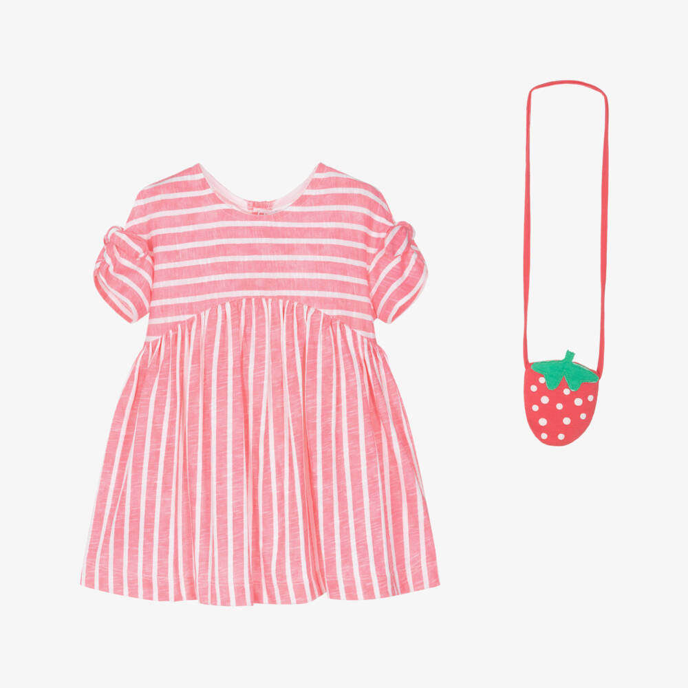 Mayoral-Pink Straped Ss Dress & Strawberry Bag Set | Childrensalon Outlet
