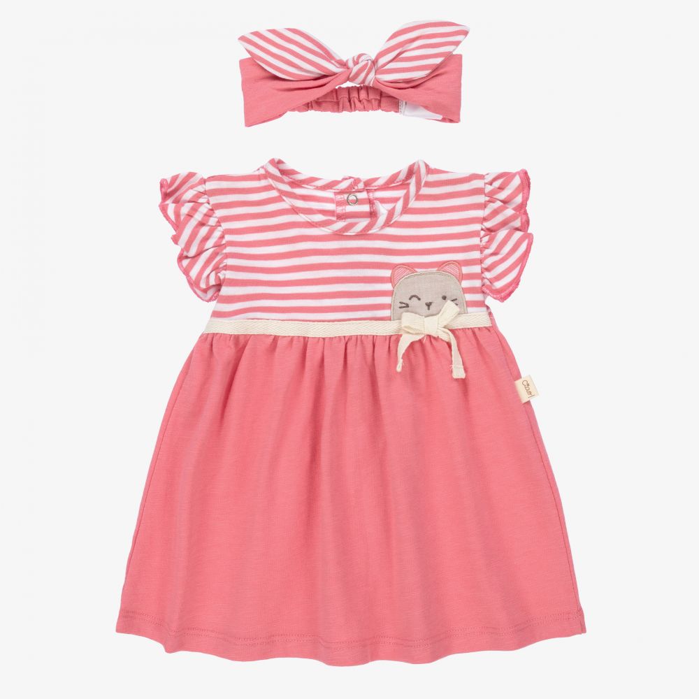 Mayoral Newborn - Розовый комплект с хлопковым платьем в полоску | Childrensalon