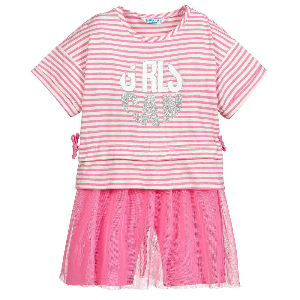 Mayoral - Pink Stripe & Mesh Skirt Set | Childrensalon