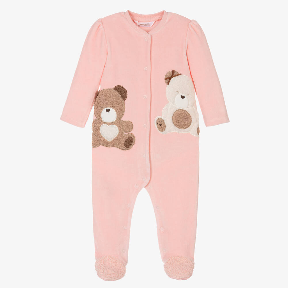 Mayoral - Pink Velour Bear Babygrow | Childrensalon