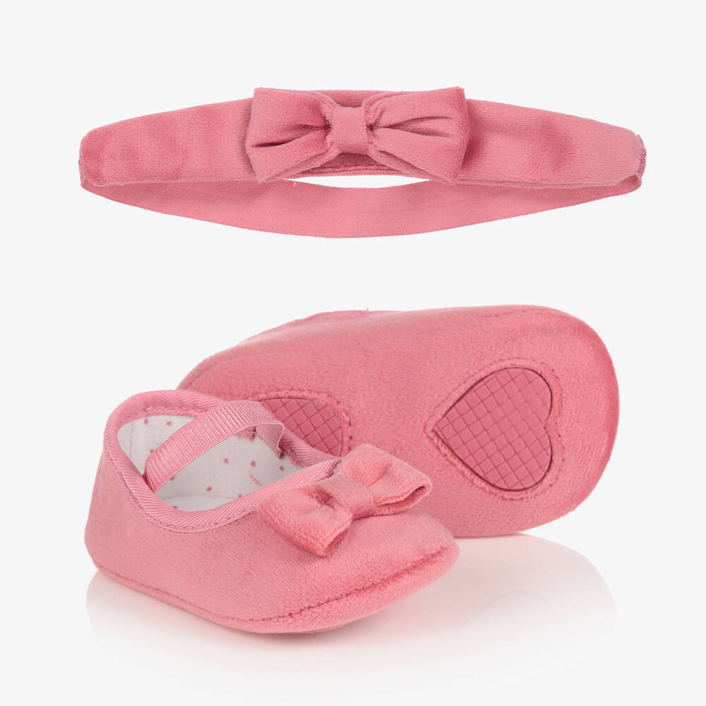 Mayoral Newborn - Розовая бархатная повязка на голову и пинетки  | Childrensalon