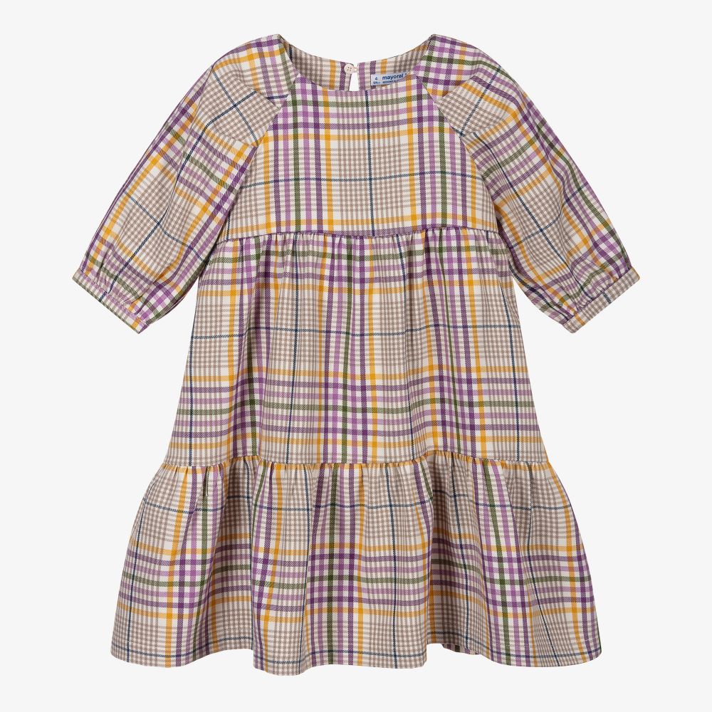 Mayoral-فستان مزيج فيسكوز كاروهات لون أرجواني وعاجي | Childrensalon Outlet
