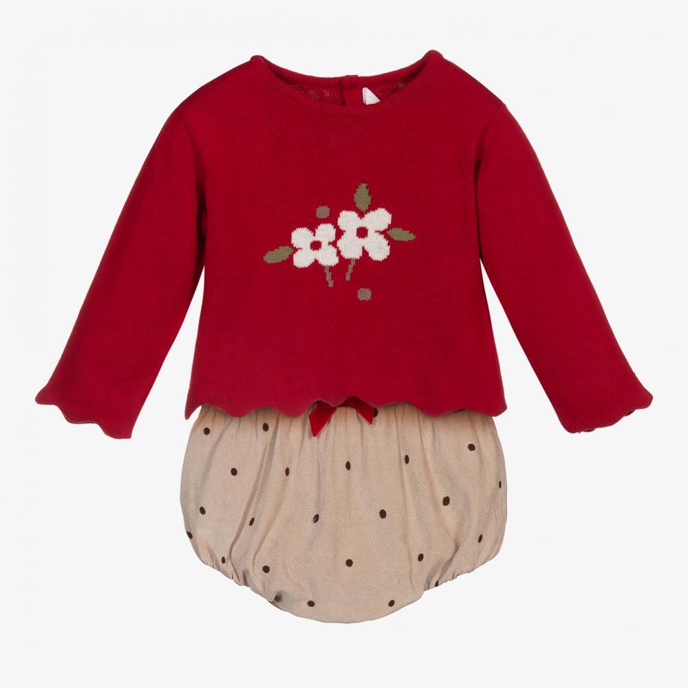 Mayoral Newborn - Red & Beige Velvet Shorts Set | Childrensalon