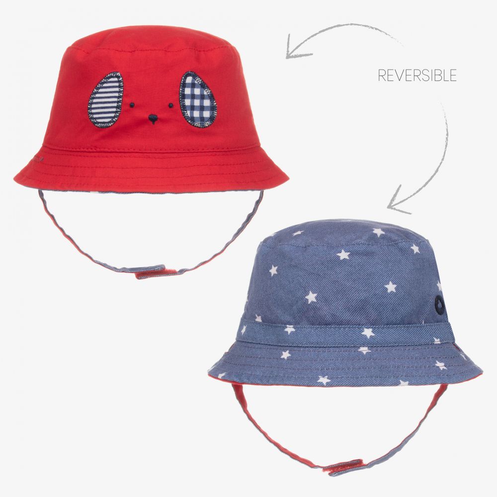 Mayoral Newborn - قبعة للشمس قطن تويل بوجهين لون أحمر وأزرق للمواليد | Childrensalon