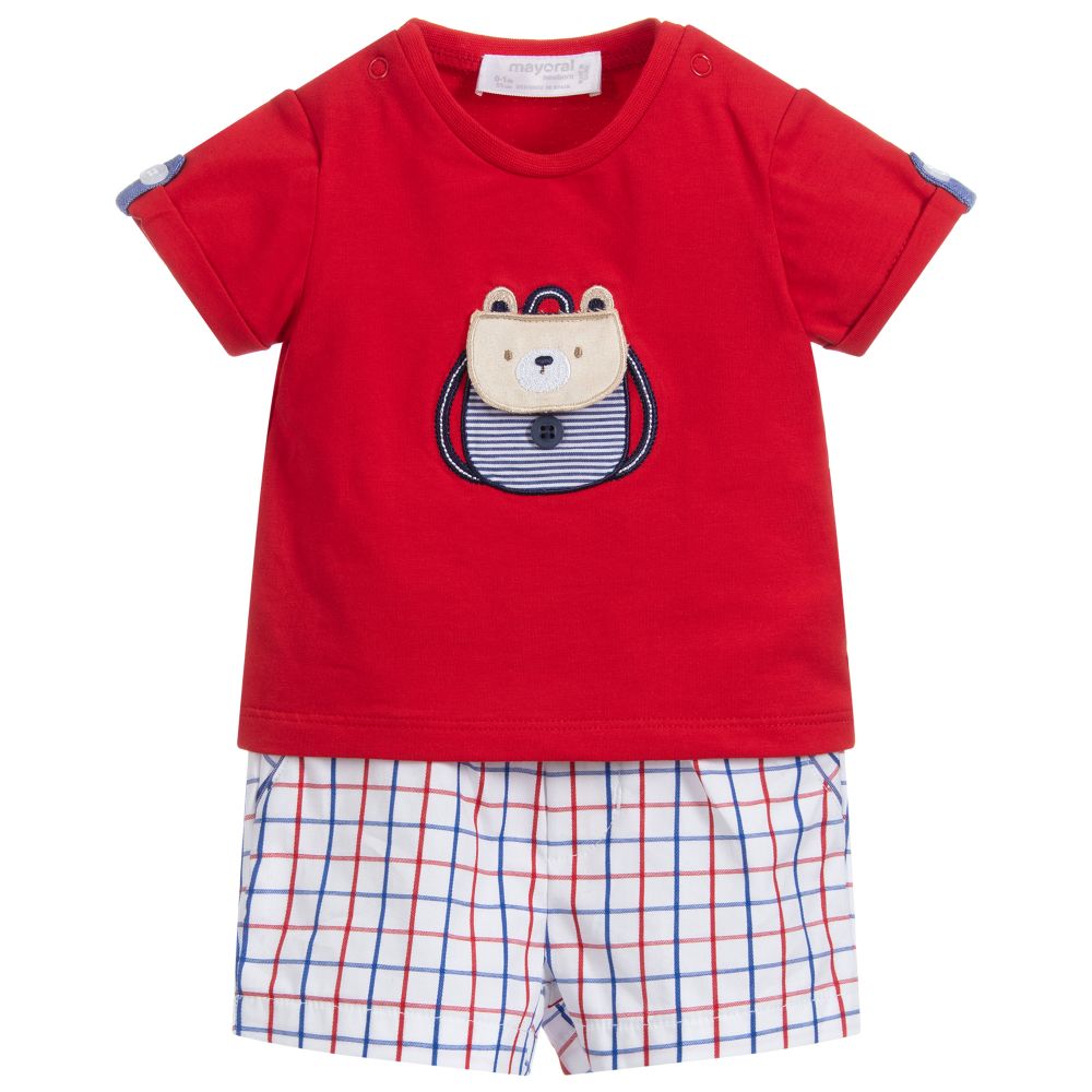 Mayoral Newborn-Red & Blue Cotton Shorts Set | Childrensalon Outlet