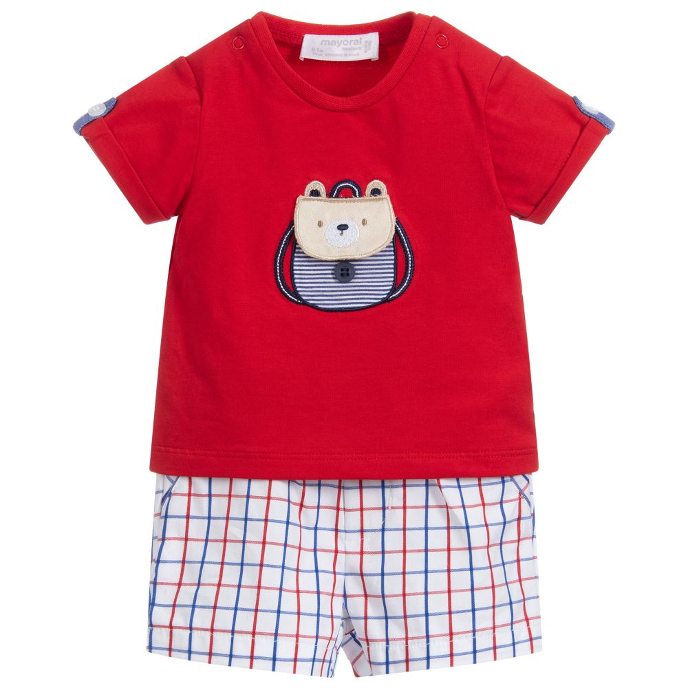 Mayoral Newborn - Red & Blue Cotton Shorts Set | Childrensalon