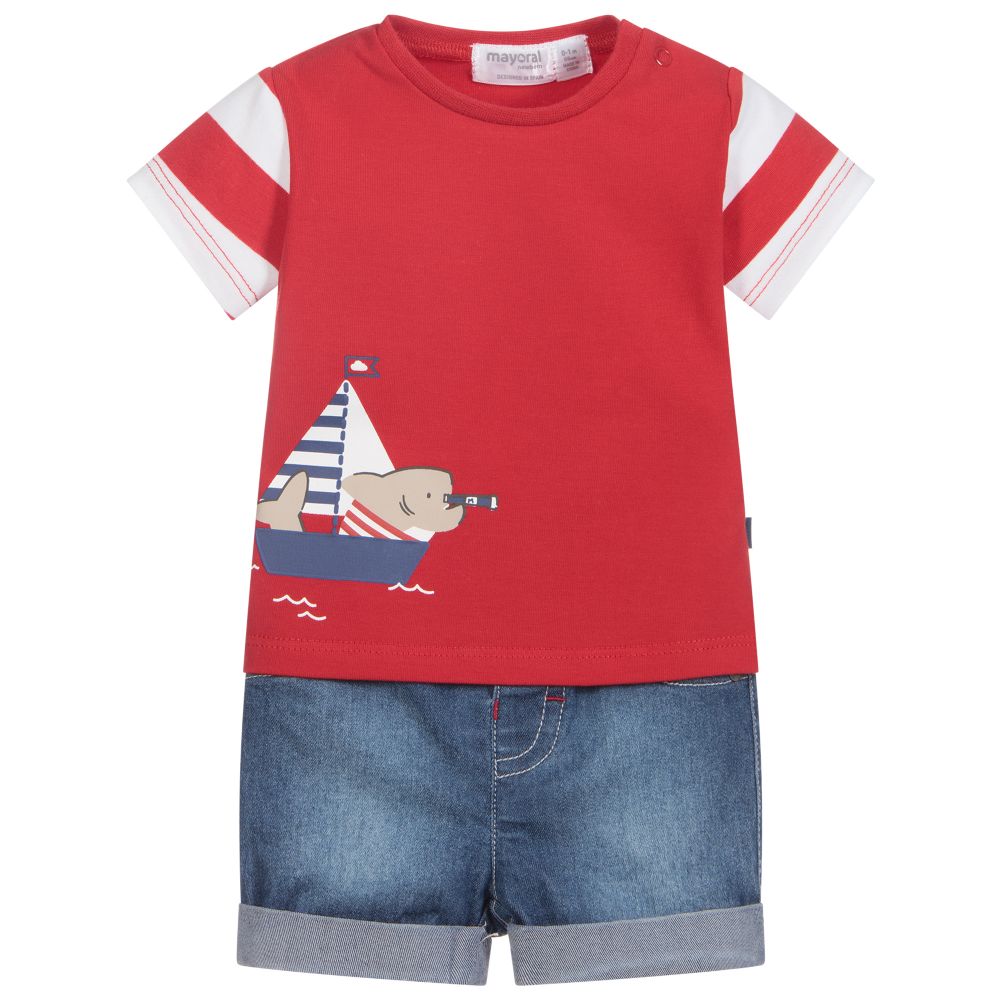 Mayoral Newborn - Red & Blue Shark Shorts Set | Childrensalon
