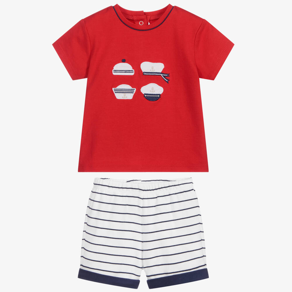 Mayoral-Красная футболка с шортами в синюю полоску | Childrensalon Outlet