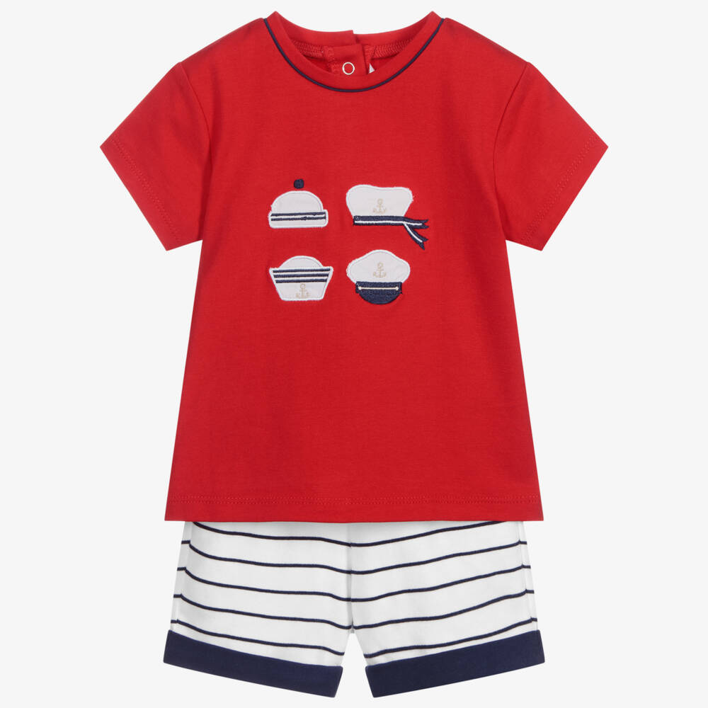 Mayoral-Красная футболка с шортами в синюю полоску | Childrensalon Outlet