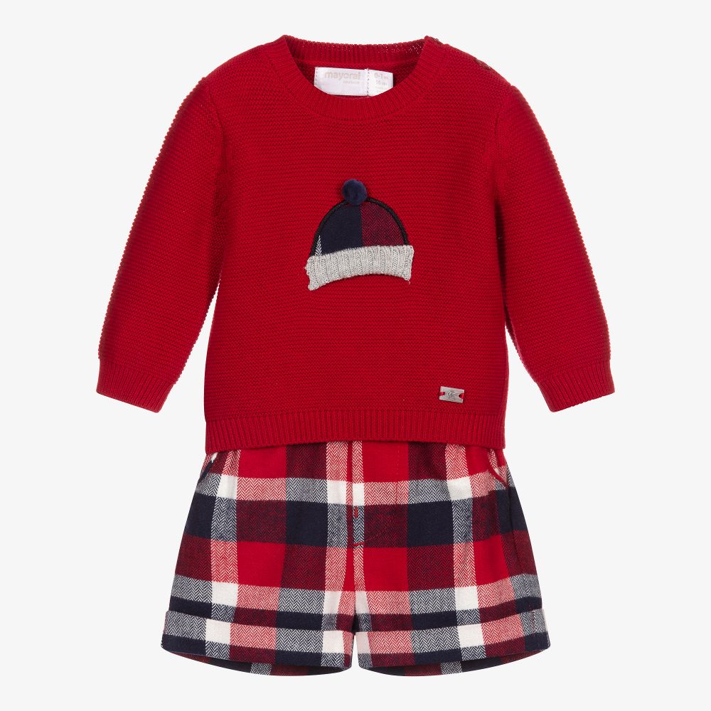 Mayoral Newborn - Red Check Cotton Shorts Set | Childrensalon