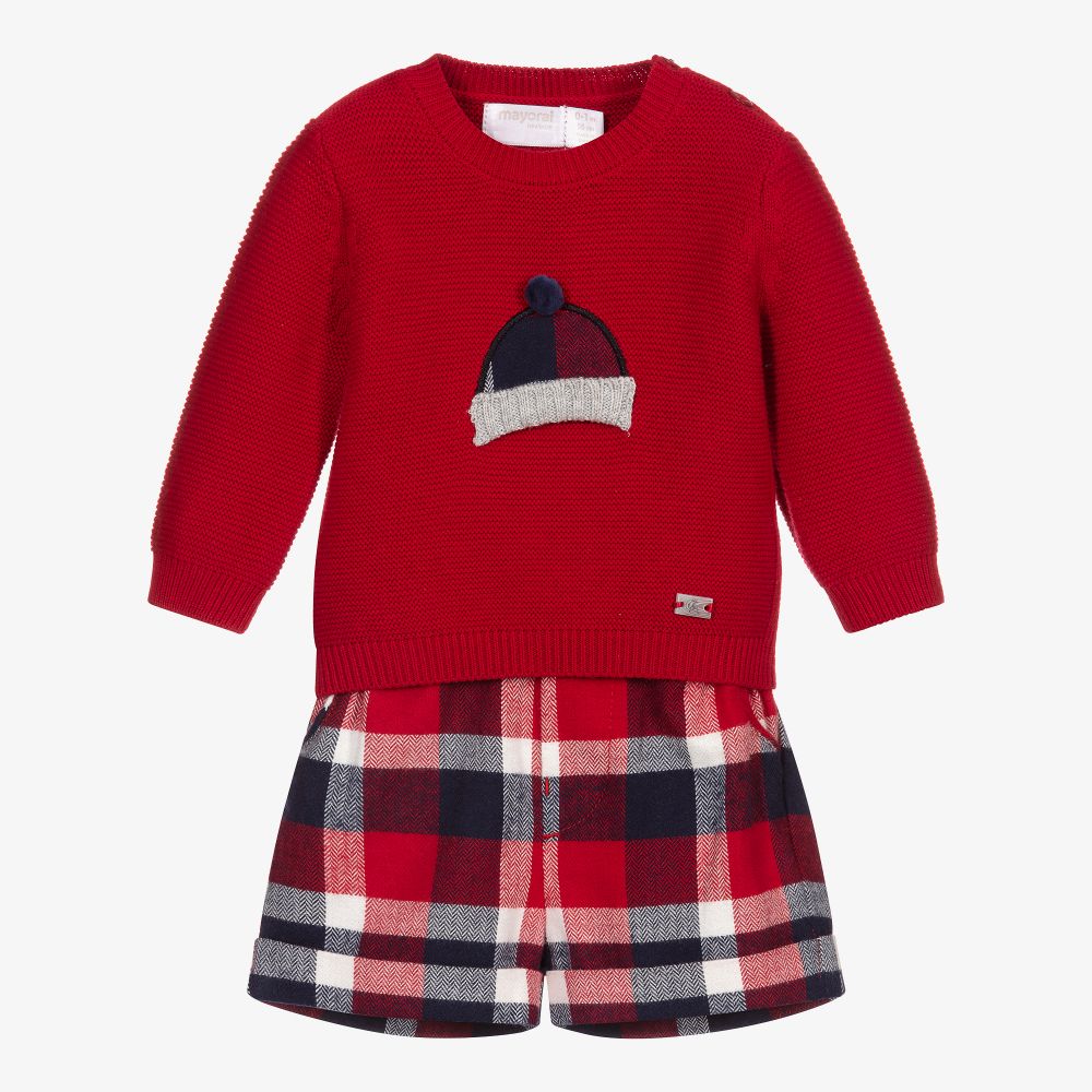 Mayoral Newborn - Rot kariertes Baumwollshorts-Set | Childrensalon