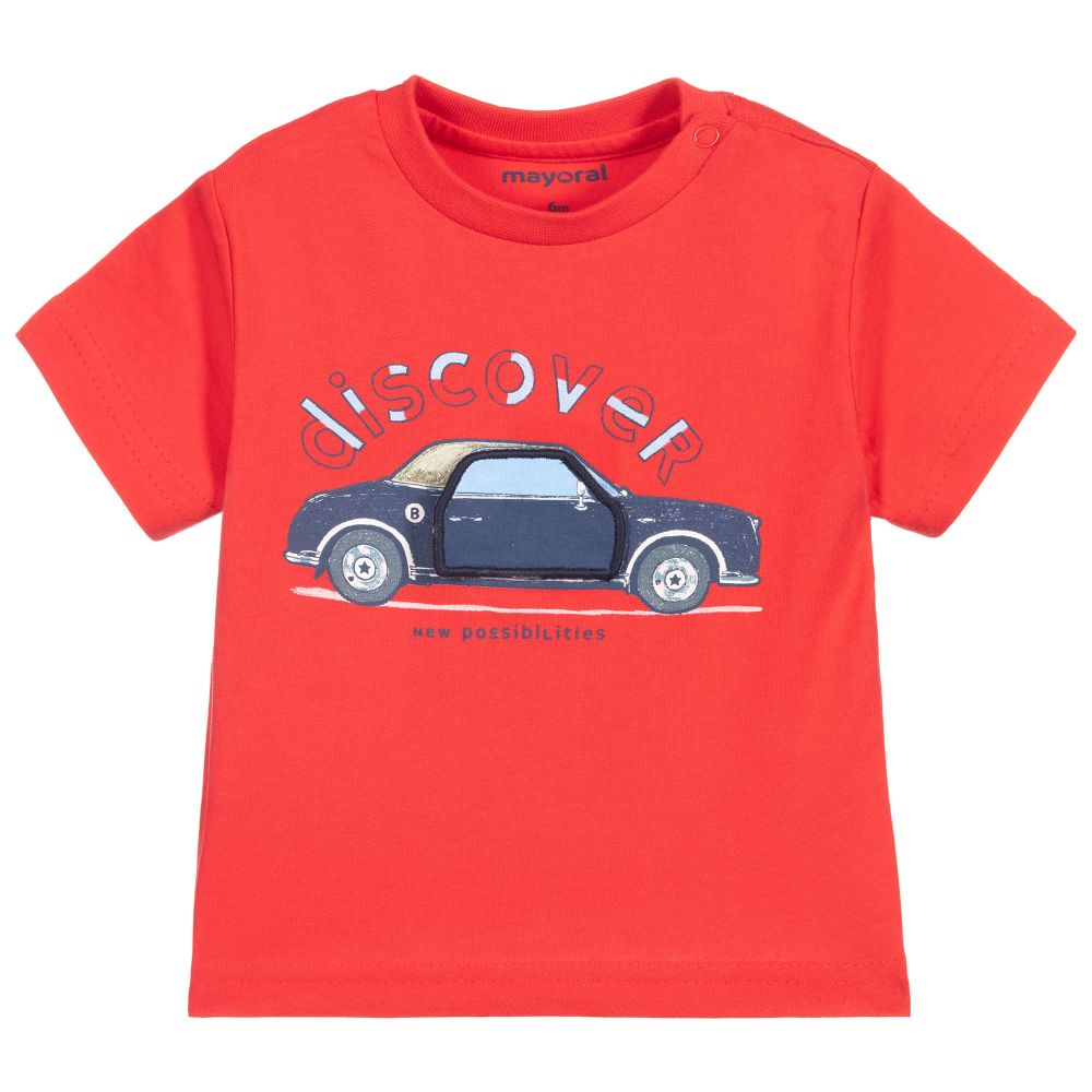 Mayoral - Red Cotton Car T-Shirt | Childrensalon