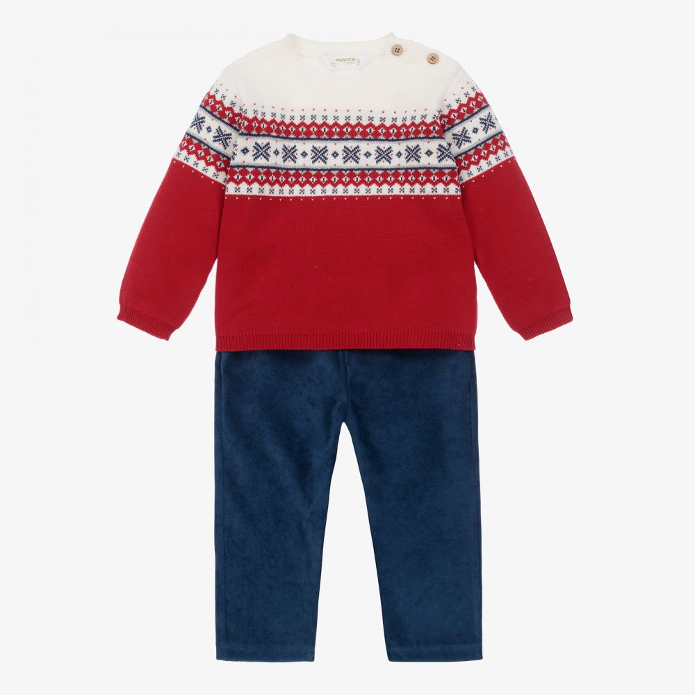 Mayoral Newborn - Красный свитер с узором фэйр-айл и брюки  | Childrensalon