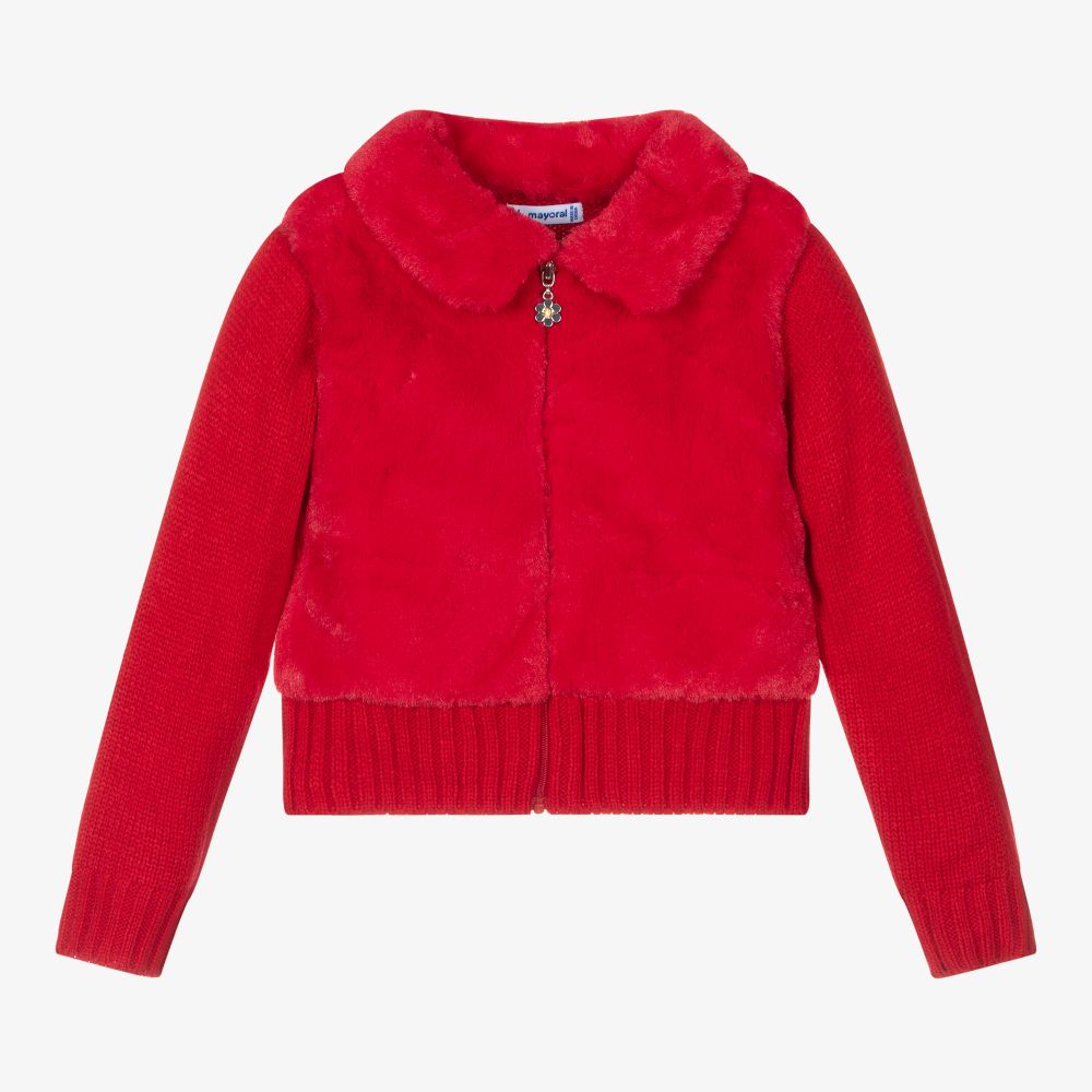 Mayoral - Red Faux Fur Cardigan | Childrensalon