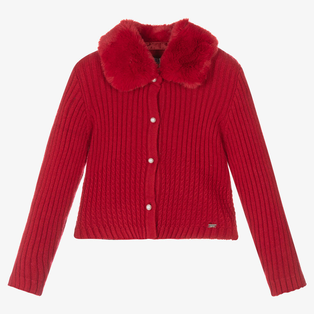 Mayoral - Rote Strickjacke mit Kunstfellbesatz | Childrensalon