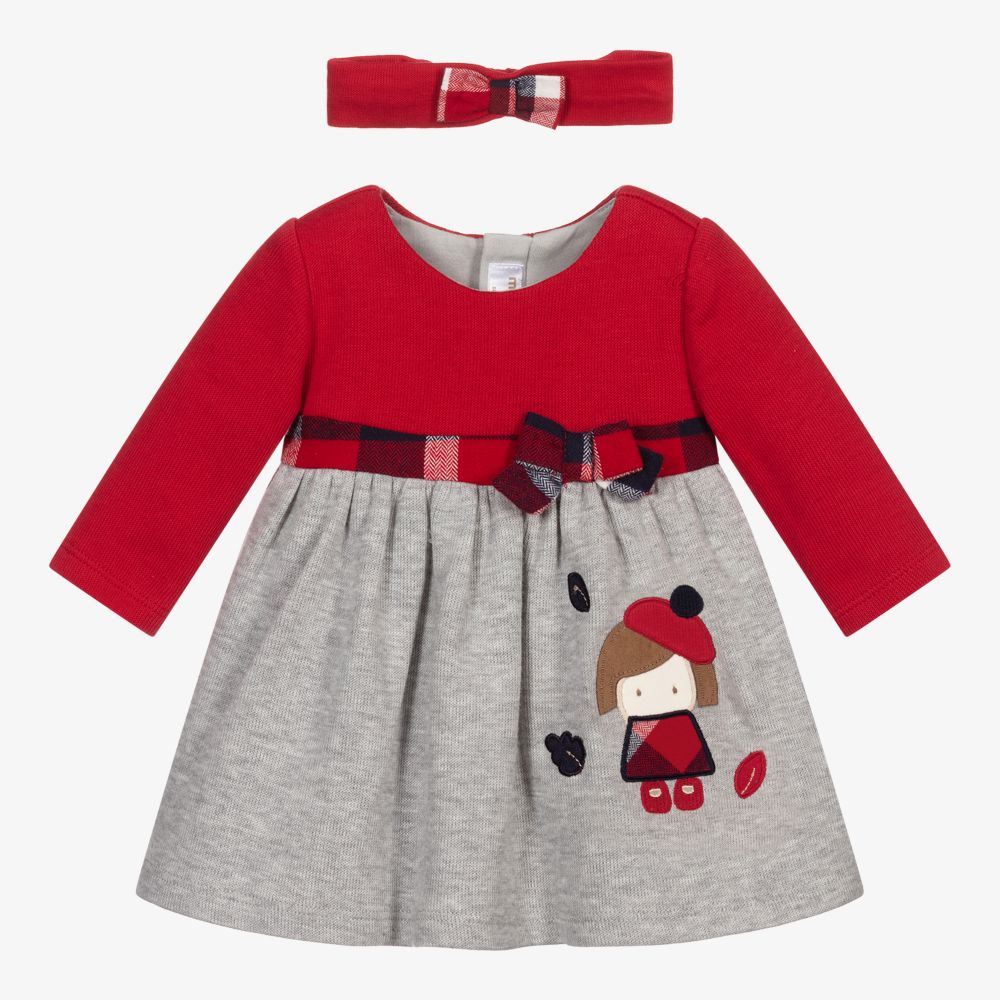 Mayoral Newborn - طقم فستان وطوق للرأس قطن لون أحمر ورمادي | Childrensalon