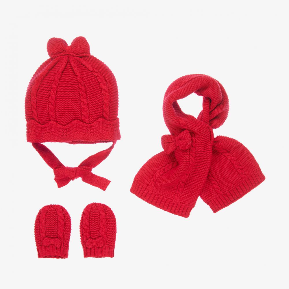 Mayoral Newborn - طقم قبعة وسكارف وقفازات قطن محبوك لون أحمر للمولودات | Childrensalon