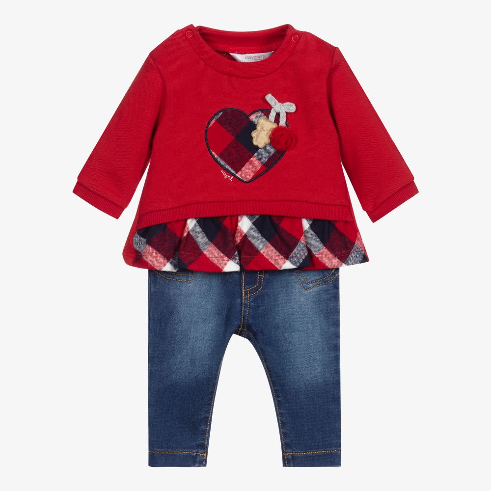 Mayoral Newborn - Красный хлопковый топ с сердцем и брюки | Childrensalon