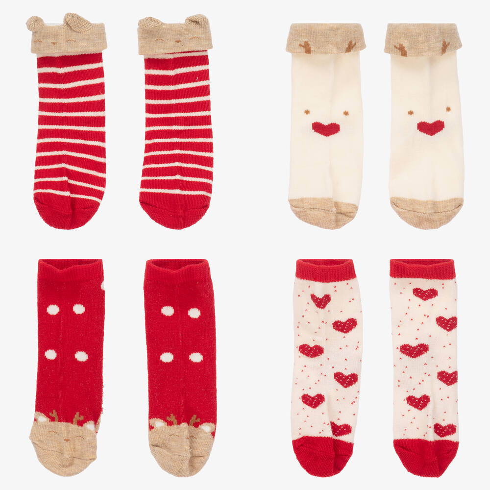 مايورال Newborn-جوارب قطن عضوي لون أحمر وعاجي وبيج (عدد 4) | Childrensalon Outlet