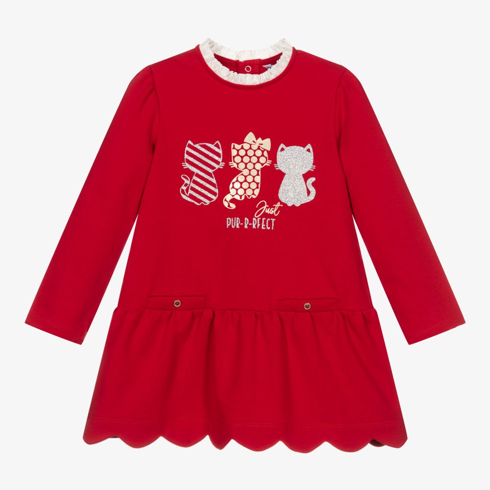 Mayoral - Rotes Kleid aus Jersey mit Katzenmotiv | Childrensalon