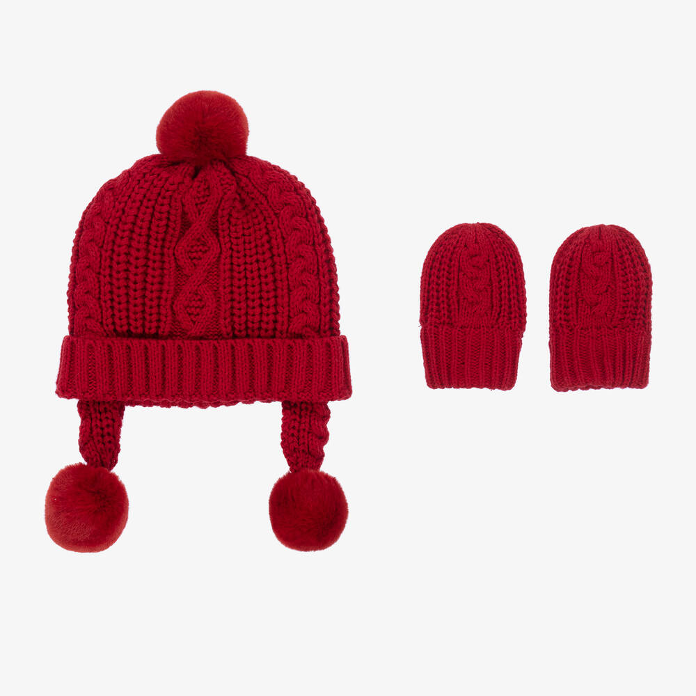 Mayoral - Red Knitted Baby Hat & Mittens Set | Childrensalon