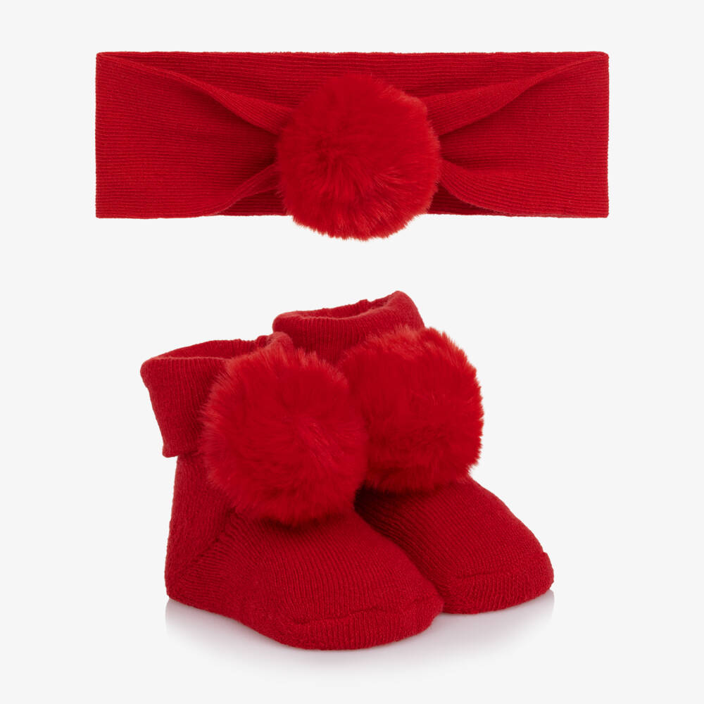 Mayoral Для новорожденных-Red Pom Pom Headband & Booties Set | Childrensalon Outlet