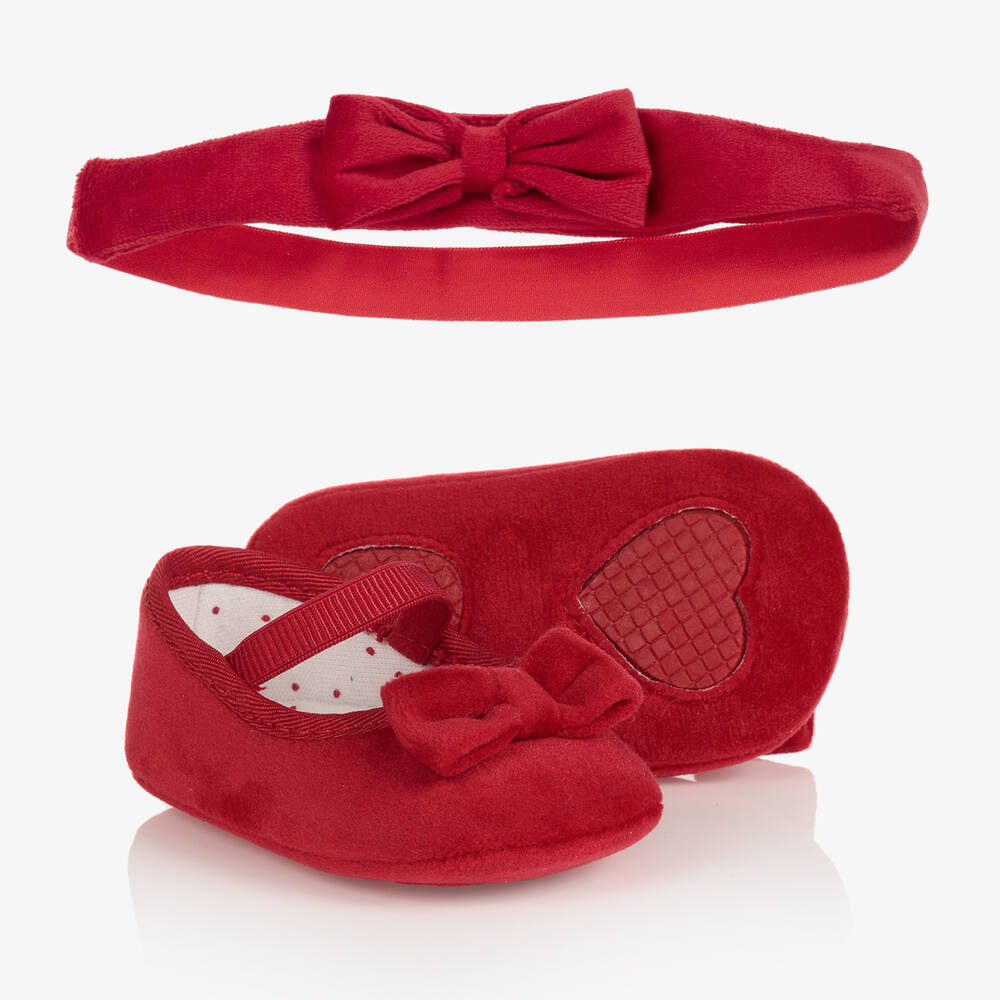 Mayoral Newborn - طقم حذاء مرحلة ما قبل المشي مخمل لون أحمر للمولودات | Childrensalon