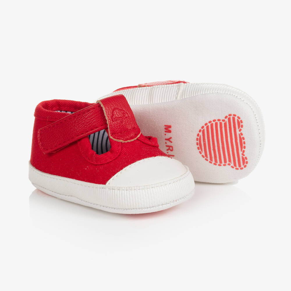 Mayoral - حذاء قطن كانفاس لون أحمر وأبيض لمرحلة قبل المشي | Childrensalon