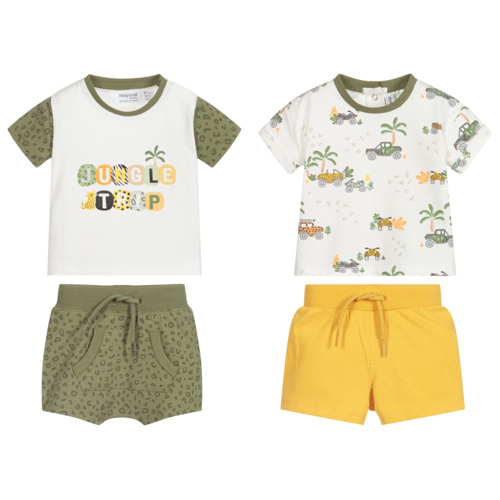 مايورال Newborn-شورت وتيشيرت قطن جيرسي لون أبيض، أصفر وأخضر (عدد 2) | Childrensalon Outlet