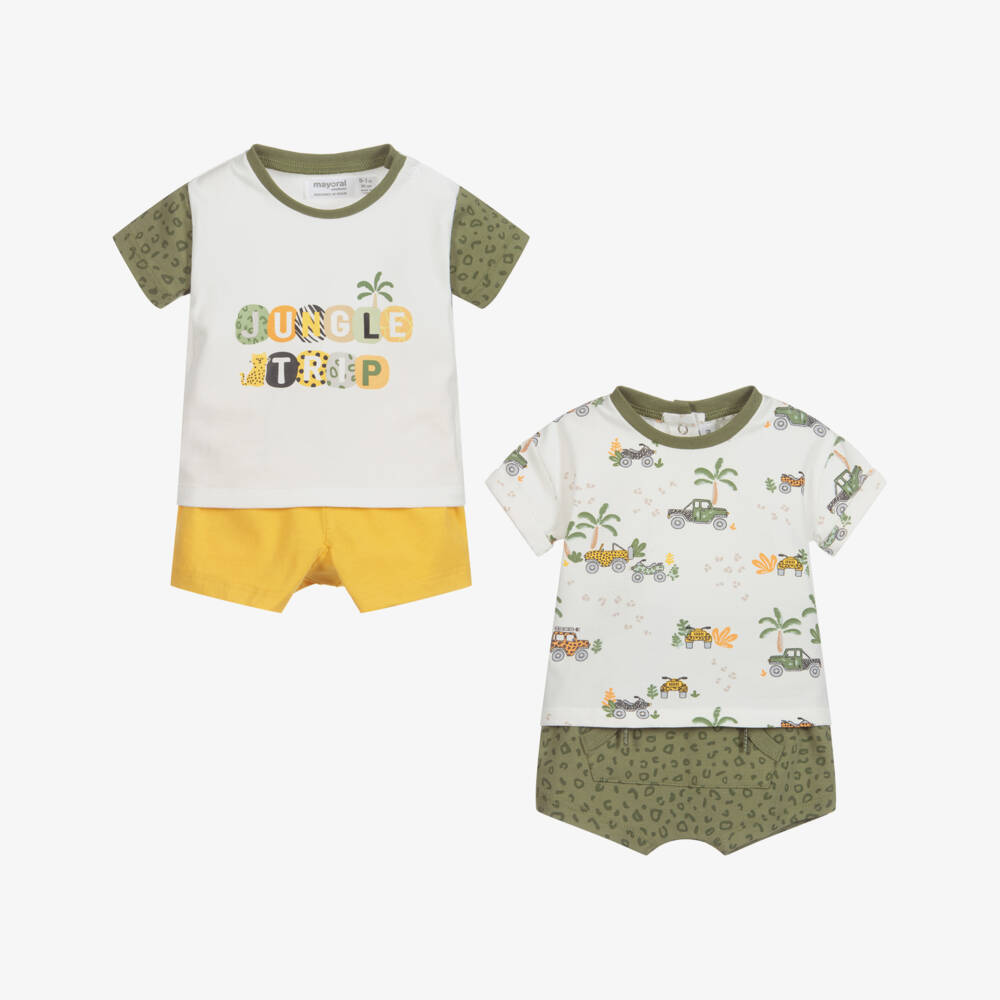 Mayoral Newborn-شورت وتيشيرت قطن جيرسي لون أبيض، أصفر وأخضر (عدد 2) | Childrensalon Outlet