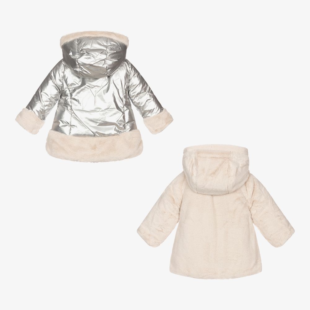 مايورال-معطف بوجهين أطفال بناتي لون فضّي وبيج | Childrensalon Outlet