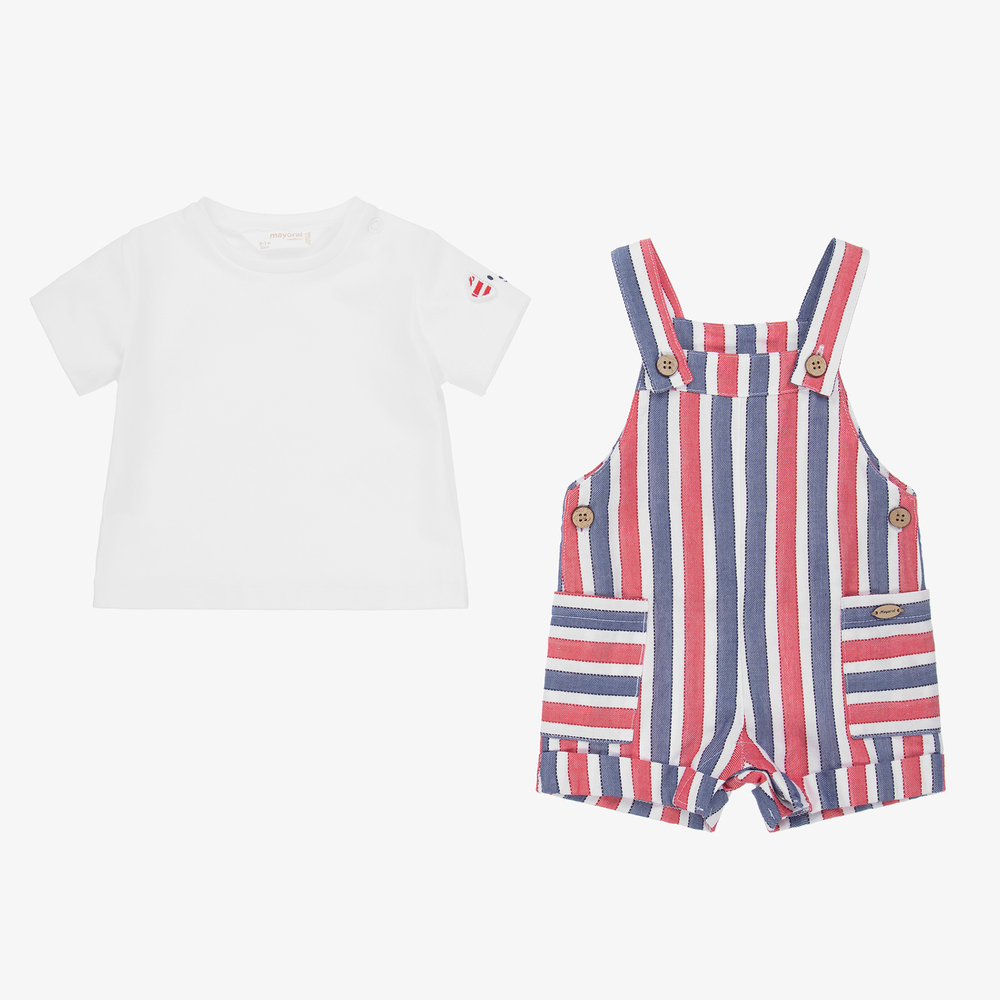 Mayoral Newborn-Striped Dungaree Shorts Set | Childrensalon Outlet