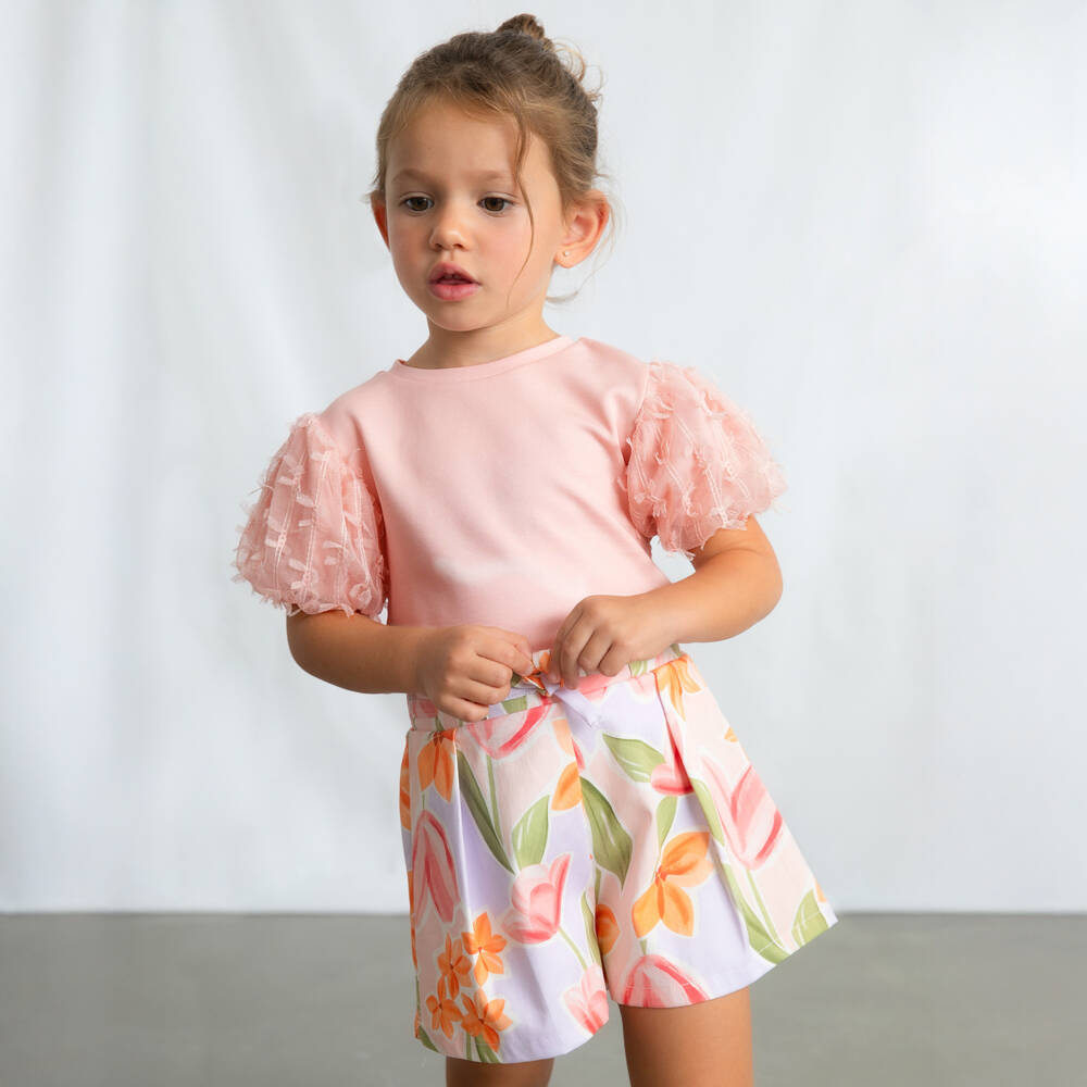 Mayoral-Футболка розовая с тюлевыми рукавами для девочек | Childrensalon Outlet